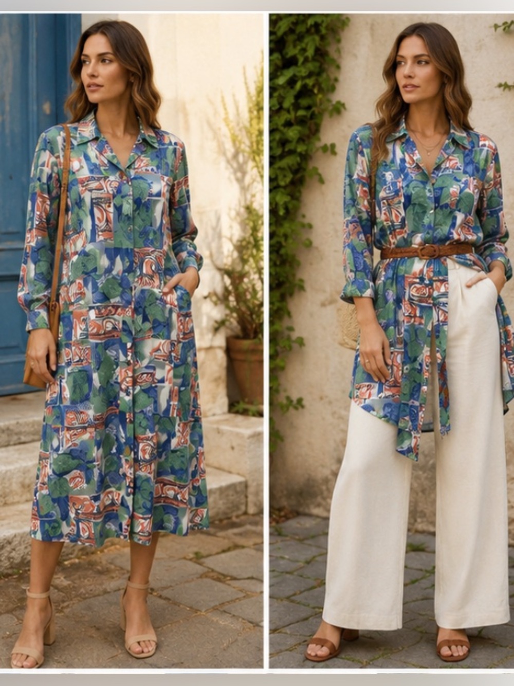 Vintage Tradition Classic Shirt Dress Abstract Tropical Print  Midi   Size 14